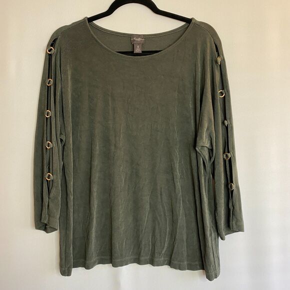Chicos Travelers Slinky Top Sage Green LS Crew Open Arms Metal Details Size XL - Picture 1 of 12
